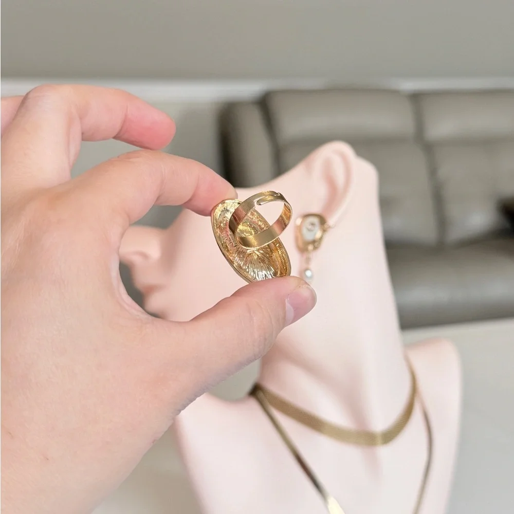 Gold Textured Ring with White Pearl - Women Jewelry
